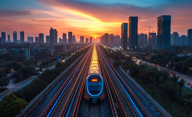 Obraz premium Train Through City at Sunset A high-speed train travels through a modern city as the sun sets, casting warm light on the skyscrapers.
