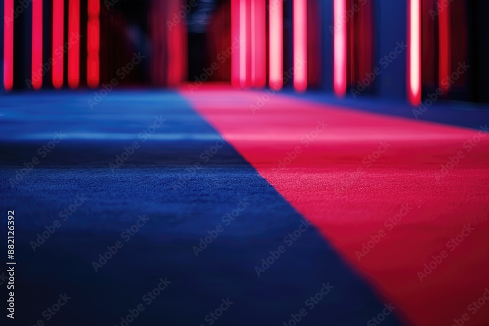 Poster a vibrant red and blue carpet in a dimly lit room, perfect for capturing attention or creating ambia
