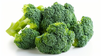 Fresh broccoli head, showcasing its vibrant green color and dense florets, set against a white background