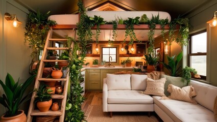 Fototapeta premium A whimsical bed mezzanine suspended above a miniature kitchen, nestled within a cozy tiny living room oasis, where lush verdant plants cascade down from the lofted bed