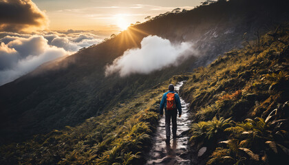 Obraz premium Cloud Forest Secrets in Cloudy Winter: The Trailblazer's Quest Engulfed in Landslide