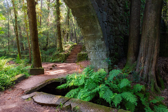 Arco da Moura, old masonry aqueduct located in the Enchanted Forest, with stone stairs through which the path runs through nature, Aldan, Cangas de Morrazo, Pontevedra.