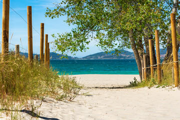 Samil beach in the parish of Navia, in the lower Rias, one of the entrances with vegetation to the fine sand beach, Vigo, Pontevedra.