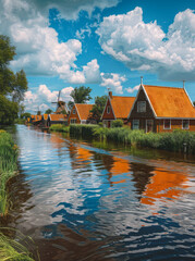 Fototapeta premium Dutch Canal Houses and Windmill on a Sunny Day Traditional Dutch canal houses and a windmill line a canal under a bright blue sky with puffy white clouds.