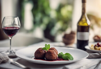 Kibbeh nayyeh with olive oil and mint on a white porcelain plate with a glass of Lebanese red wine in a fine Lebanese restaurant

