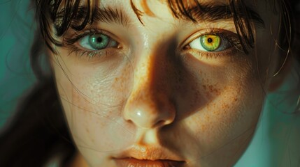 Close-up portrait of a woman with distinctive freckles on her face