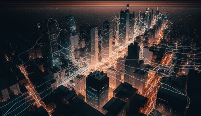 Fototapeta premium Smart City Nightscape: Data Flows Through Urban Landscape