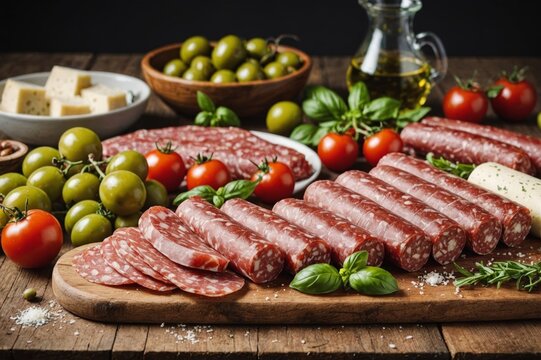 Italian food. Various kind types of salami, speck, sausages, parmesan cheese, green olives, basil and fresh tomatoes on a wooden table