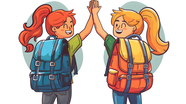 High five at school entrance, back to school celebration, welcoming students, positive school spirit, friendship and camaraderie, png file, isolated on white - Powered by Adobe