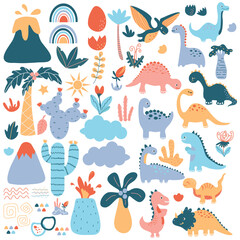 Cute Dino set with trees, plants, and other elements for your design, childish hand drawn dinosaur elements. Nursery Vector illustration.