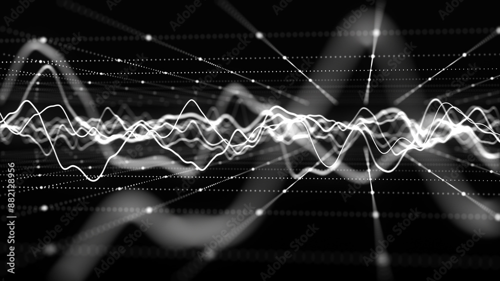 Poster wave of particles. futuristic pattern of dots and lines on a dark background. visualization of sound