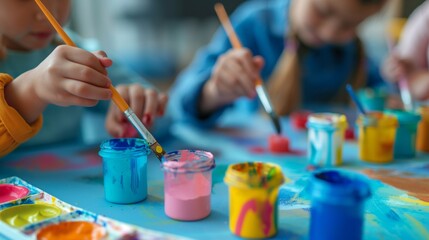 Aa busy art station featuring a collection of paintbrushes in jars, colorful paints, and a messy but inspiring workspace, showcasing the beauty of creative chaos in an art classroom