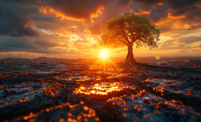 Tree Silhouette at Sunset A lone tree stands on a rocky hillside as the sun sets behind it, casting a warm glow over the landscape.
