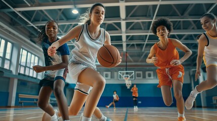 Enthusiastic high school students compete in a friendly basketball match, camaraderie and athletic spirit in a spacious gymnasium, creating a vibrant and dynamic scene
