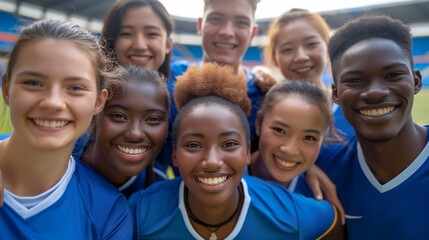 A group of middle school students from various ethnicities, proudly displaying their friendship and teamwork in an indoor sports hall, exemplifying teamwork and success