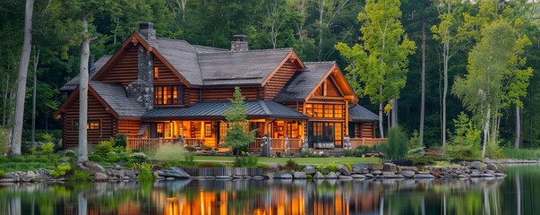 Cozy log house with a scenic backdrop.