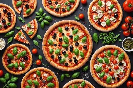 Delicious fresh pizzas variety with different souces and vegetables. Homemade food concept. Top view