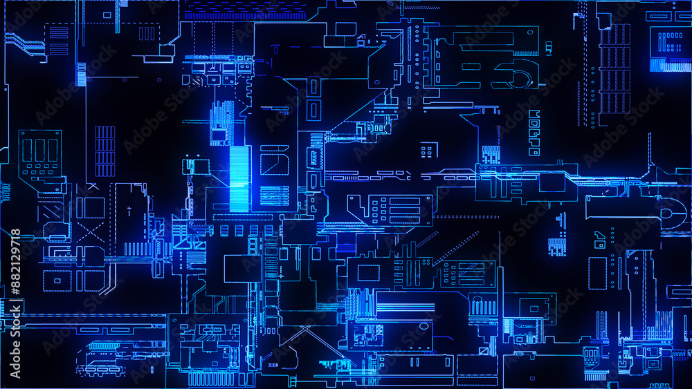 Poster printed circuit board. visualization of advanced technology concept: pcb processor microchip, digiti