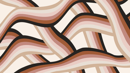 Groovy wavy stripes pattern on beige background. Abstract vintage art design in 60s-70s style
