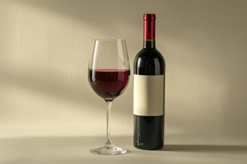 A bottle of red wine next to a filled wine glass on a clean background