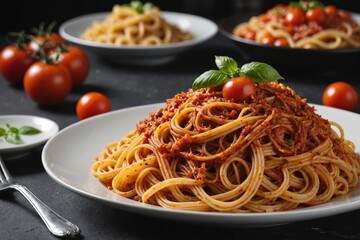 Close-up image, Delicious Italian pasta, Tomato Spaghetti with blurred dark dining table background.