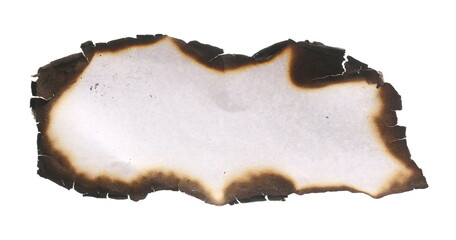 Burned and charred paper scrap, parchment isolated on white background, clipping path