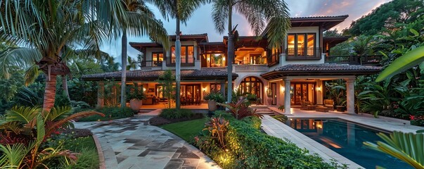 Tropical paradise with lush landscaping and outdoor living spaces.