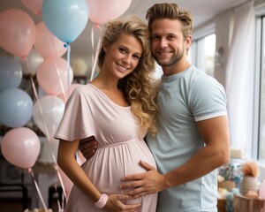 Man and pregnant woman find out gender of baby. Gender reveal party