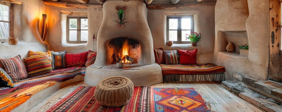 Pueblo revival house with a kiva fireplace.