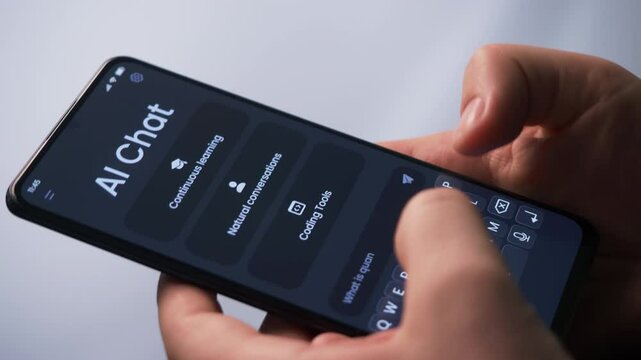 Chatting with artificial intelligence online. Writing prompt and asking GPT language model. Ai chat bot is having a conversation with human. Fictional interface.