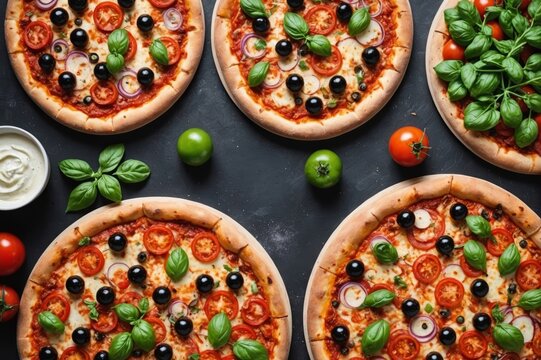 Delicious fresh pizzas variety with different souces and vegetables. Homemade food concept. Top view, copy space