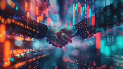 technical illustration of business people shaking hands There is a stock market graph with stocks going up and stocks going down together in the picture, close-up