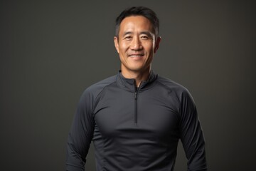 Portrait of a tender asian man in his 50s sporting a technical climbing shirt over light wood minimalistic setup