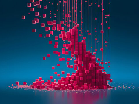 Representaci&oacute;n 3D de p&iacute;xeles magenta que se deterioran gradualmente y caen en cascada sobre un fondo azul profundo
