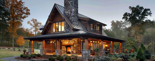 Rustic log cabin with a stone chimney and wrap-around porch.