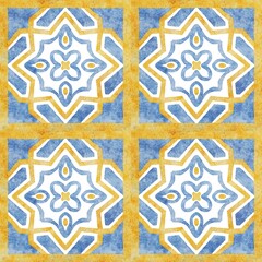 Blue and yellow Azulejos tiles. Traditional Portuguese Mosaic, Spanish Majolica tile decoration. Ideal for patchwork print wallpaper design. Watercolor artwork perfect for antique tileable ceramics 