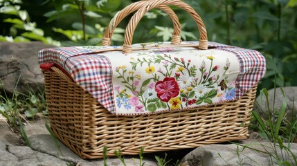 Wicker Picnic Basket with Floral Embroidered Cloth in Natural Outdoor Setting