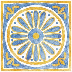 Hand-painted watercolor blue faience floral arabesques azulejo tile allover seamless pattern, perfect for fabric printing, home decor, wallpapers, and stationery. 