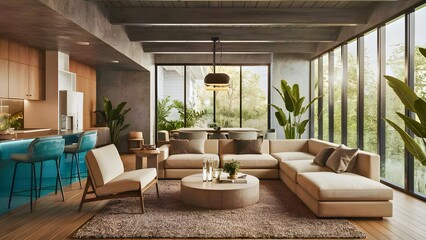 Modern home interior design with eco-friendly materials like bamboo flooring, recycled glass countertops, and low-voc paints.