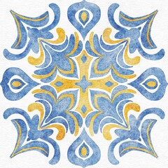 Hand-painted watercolor blue faience floral arabesques azulejo tile allover seamless pattern, perfect for fabric printing, home decor, wallpapers, and stationery. 