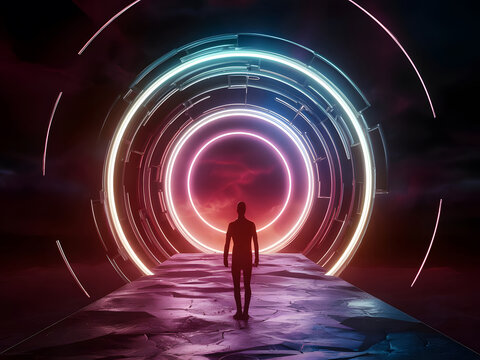 Puerta de portal de forma ovalada multicolor Concepto Metaverso
