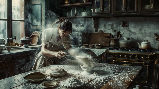 Embracing the baking magic in a flour dusted kitchen scene, capturing homemade delights