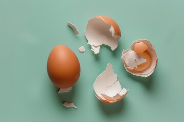 Whole and broken eggshells on a pastel green background. Easter and spring concept