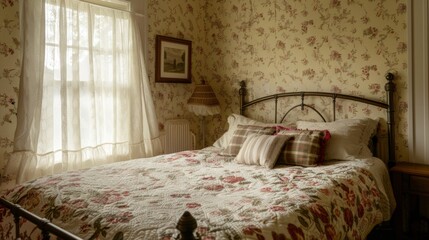 Cozy Vintage Bedroom with Floral Wallpaper and Iron Bed Frame