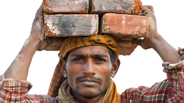 Construction labor carrying bricks, Labor Day tribute to construction industry workers, hardworking laborer at building site, png file, isolated on white