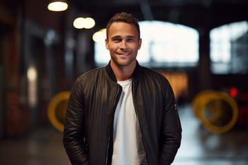 Obraz premium Portrait of a satisfied man in his 30s wearing a trendy bomber jacket over empty modern loft background