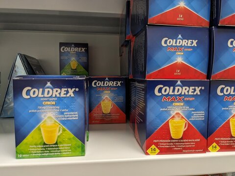 Prague, Czech Republic - July 10 2024: COLDREX box of medication with PARACETAMOL and PHENYLEPHRINE active substances by GLAXOSMITHKLINE, used for treatment of cold and flu symptoms.

