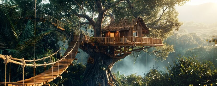 Fototapeta Treehouse hideaway with a rope bridge and panoramic views.