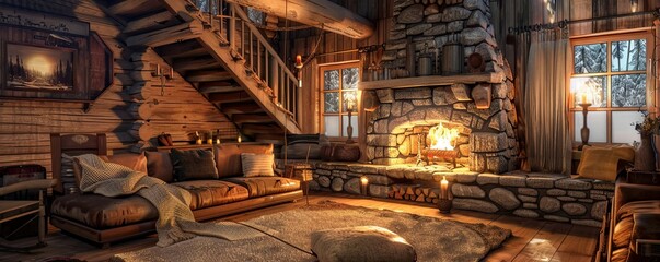 Cozy cabin with a warm fireplace. © peppastocker