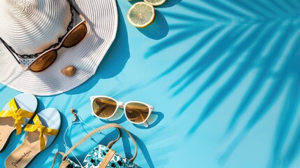 Summer theme flat lay featuring beach items like sunglasses hat shoes and bag on blue background Celebration of summer break with sunlight shadows and simple design